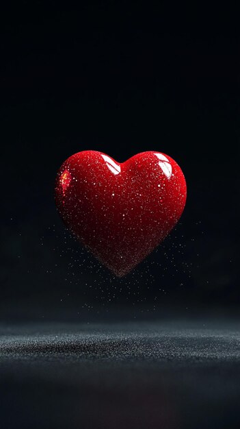 Floating red heart with glitter 3D texture ultrarealistic reflections on a black background