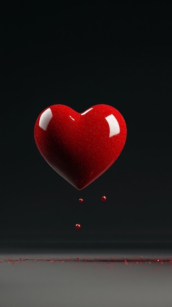 Floating red heart with glitter 3D texture ultrarealistic reflections on a black background