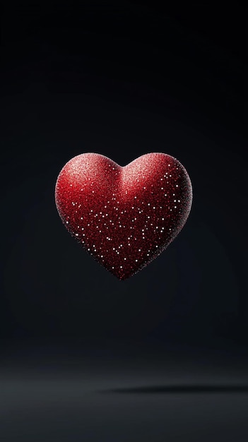 Photo floating red heart with glitter 3d texture ultrarealistic reflections on a black background