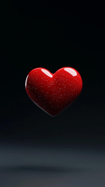 Floating red heart with glitter 3D texture ultrarealistic reflections on a black background