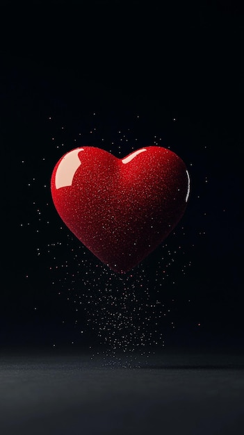 Floating red heart with glitter 3D texture ultrarealistic reflections on a black background