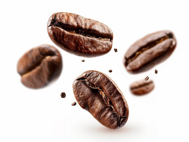 Floating roasted coffee beans isolated on a clean white background showcasing rich textures