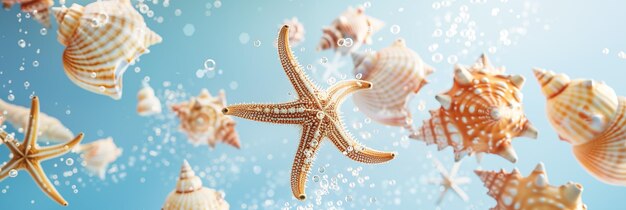 Floating sea shells and starfish with bubble on blue background banner Panoramic web header