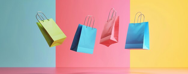 Photo floating shopping bags in green blue and cyan hues against a split pastel backdrop