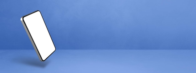 Floating smartphone isolated on blue Horizontal banner background