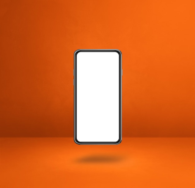 Floating smartphone isolated on orange Square background