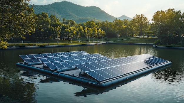 Photo floating solar farm concept on serene lake