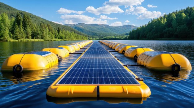 Photo floating solar panels on a lake in a mountain landscape