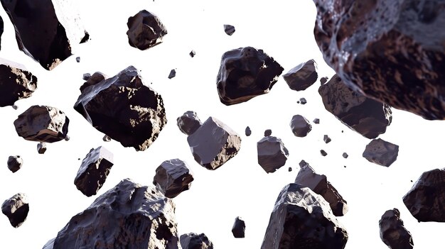 floating space meteorite stones asteroid rocks isolated on white background