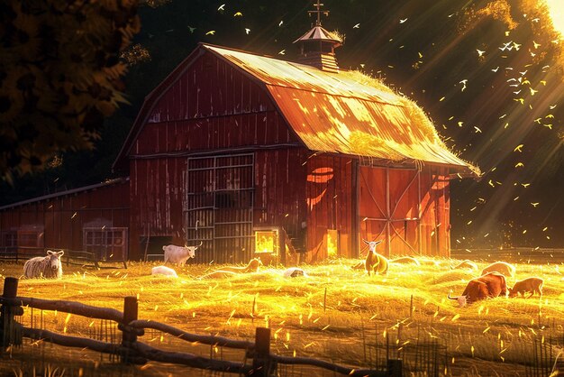 Floating surreal barn with vibrant glowing animals