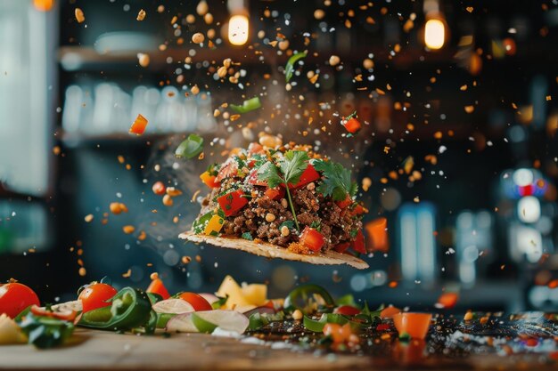 Photo floating taco with flying ingredients a vibrant and delicious explosion of flavors