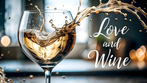 Floating wine glass with splashing liquid forming a heart with Love Wine text concept as A romanti