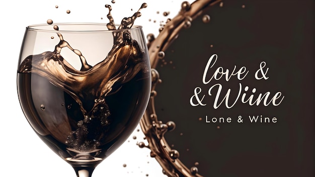 Floating wine glass with splashing liquid forming a heart with Love Wine text concept as A romanti