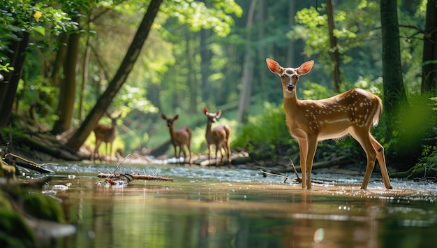 Photo a flock of beautiful spotted deer with huge horns in the forest among trees and green grass wild spo