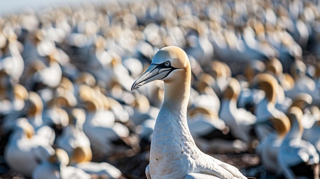 a flock of birds are standing in a field with many birds