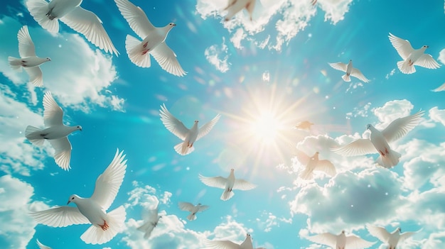 Flock of birds doves flying with spread wings on sky White doves in blue sky