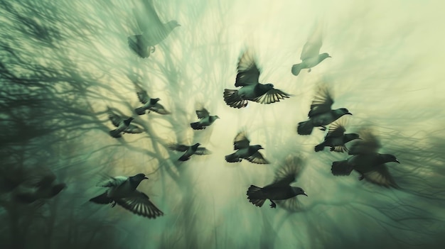 Photo a flock of birds in flight blurring wings speeding across the sky