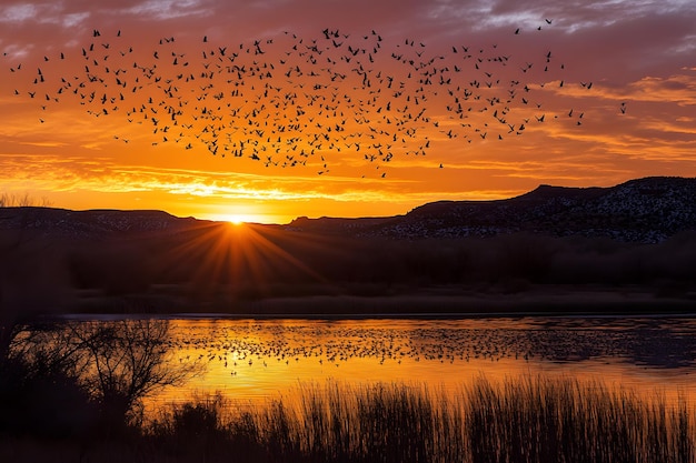 a flock of birds fly over a lake at sunset