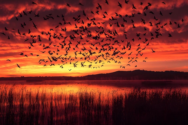 a flock of birds fly over a lake at sunset