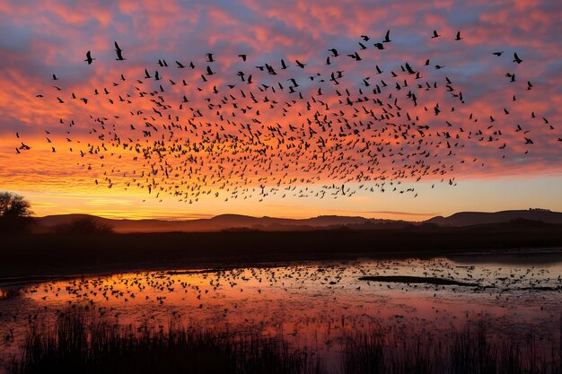 a flock of birds fly over a lake with a sunset in the background