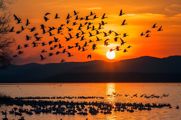 a flock of birds fly over a lake with a sunset in the background