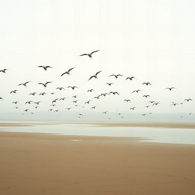 Photo a flock of birds flying over a beach with the ocean in the background