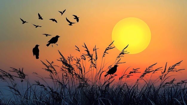 a flock of birds flying over a field of grass and the sun is setting