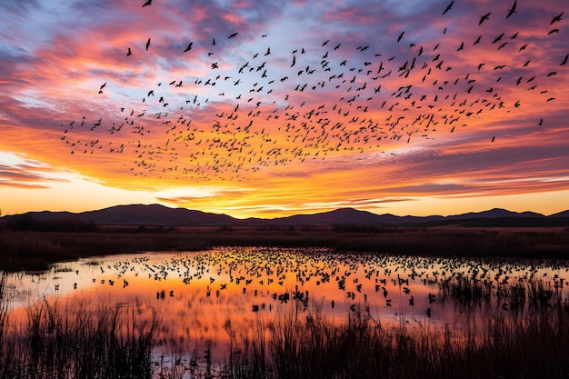 a flock of birds flying over a lake with mountains in the background