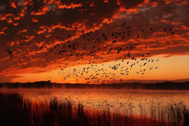 Photo a flock of birds flying over a lake with a sunset sky in the background