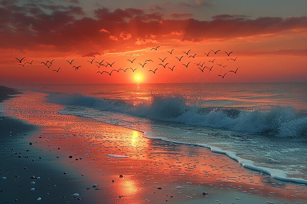 a flock of birds flying over the ocean at sunset