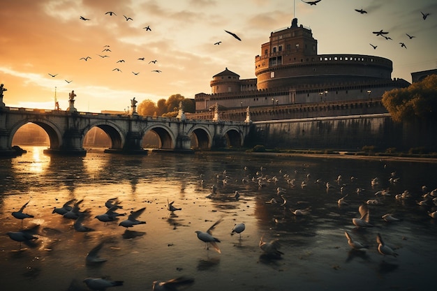 A flock of birds flying over a river with a bridge in the background.