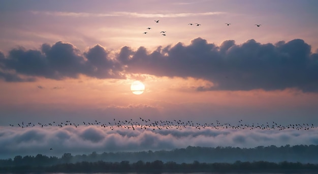 Photo a flock of birds flying in the sky above the clouds