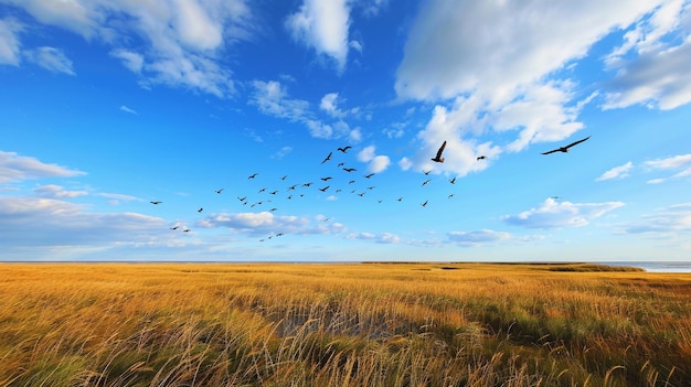 a flock of birds flying in the sky above a field