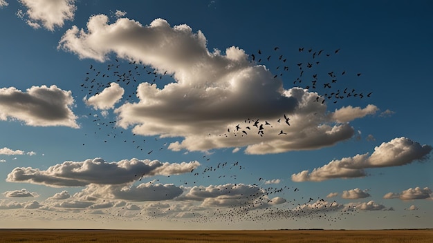 Photo a flock of birds flying in the sky above a field