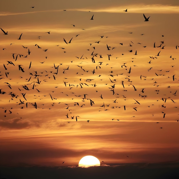 a flock of birds flying in the sky at sunset