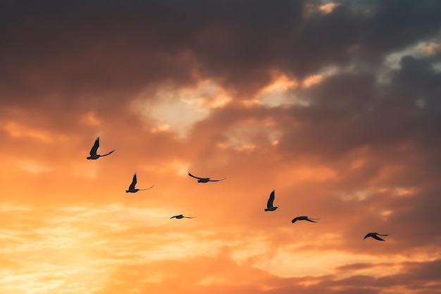 Flock of birds migrating during sunset Clouds for background