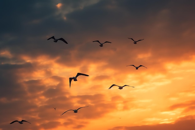 Flock of birds migrating during sunset Clouds for background