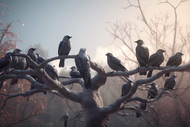 A flock of birds sit on a tree branch, with the sun shining on them.