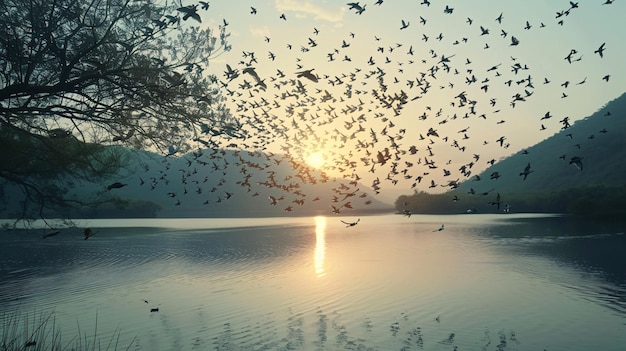 A flock of birds taking flight over a serene lake