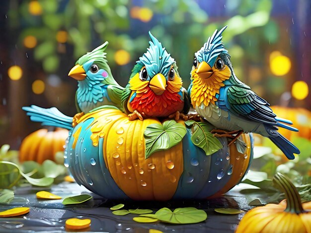 A flock of brilliantly colored birds huddle together on a pumpkin Ai generated art