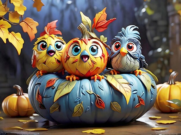 A flock of brilliantly colored birds huddle together on a pumpkin Ai generated art