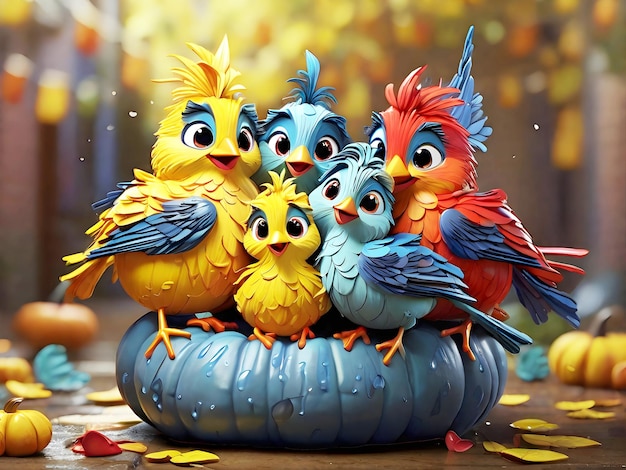 A flock of brilliantly colored birds huddle together on a pumpkin Ai generated art