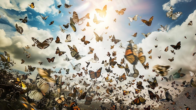 Photo a flock of butterflies fly in the sky and the sun is shining