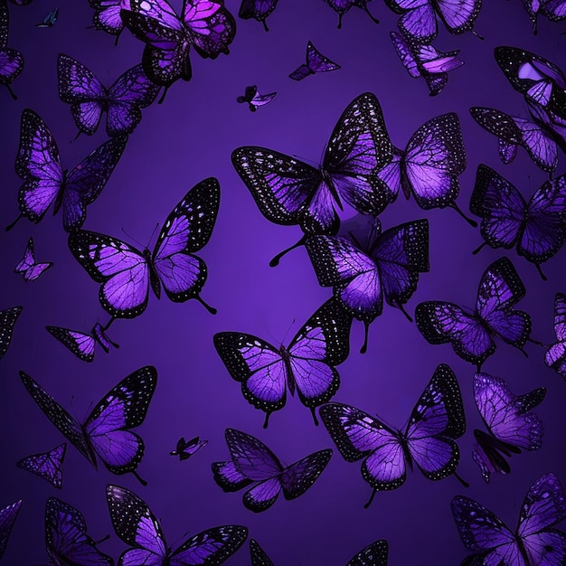 A flock of butterflies small and large flying purple background AI generated art