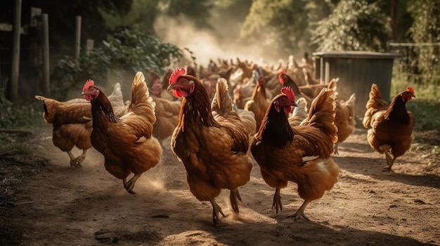 A flock of chickens running towards the camera