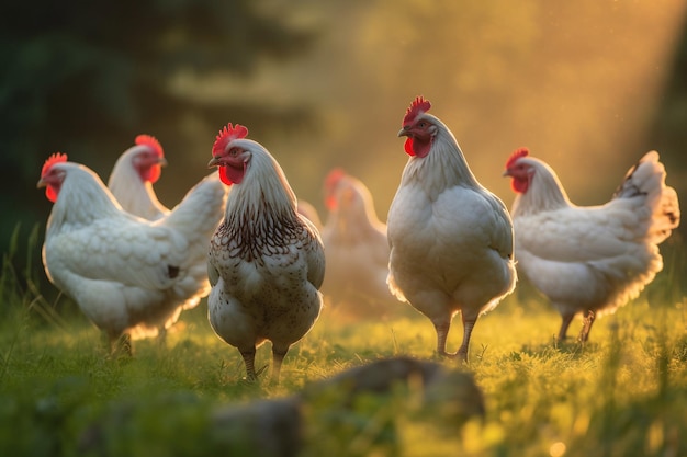 A flock of chickens stand in a field with the sun shining on them.