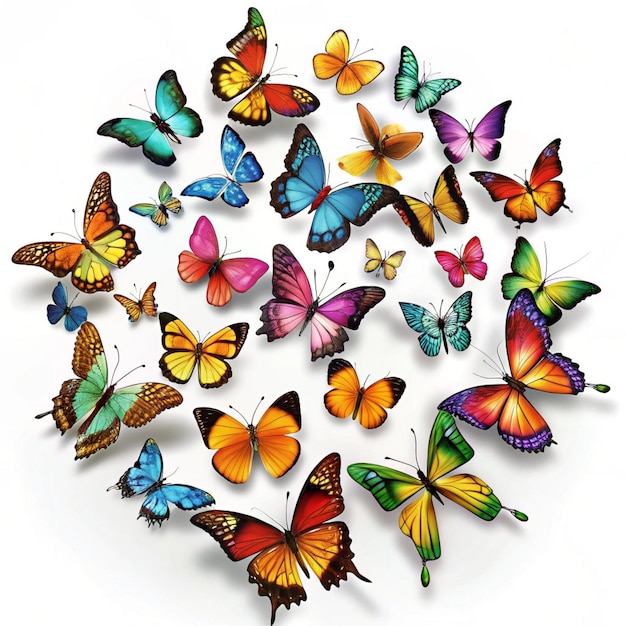 A flock of colorful flying butterflies isolated on a white background