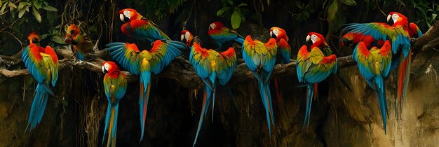 Photo flock of colorful macaws perched in trees