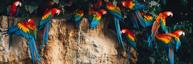 Photo flock of colorful macaws perched in trees