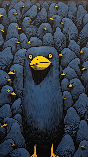 Flock of Crows Illustration with One Crow as the Leader